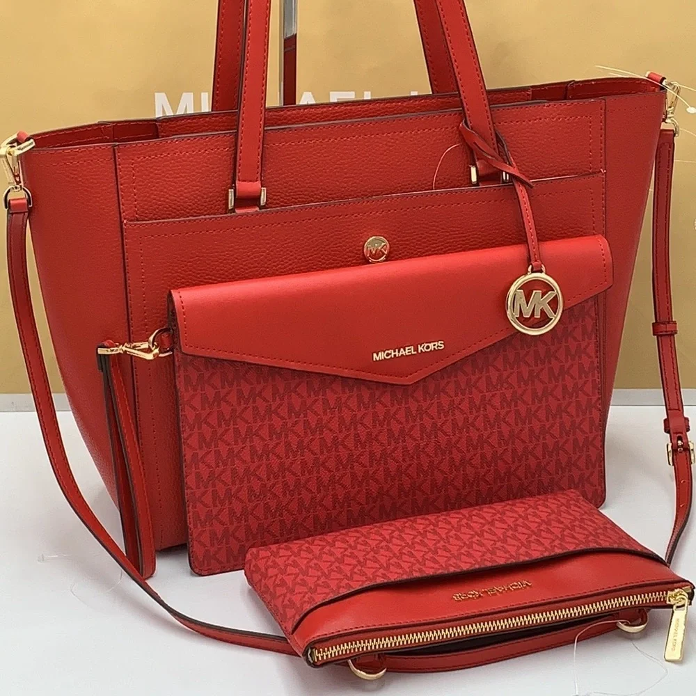 MICHAEL KORS Maisie Large Pebbled Leather 3-in-1 Tote Bag FLAME SIGNATURE COLOR